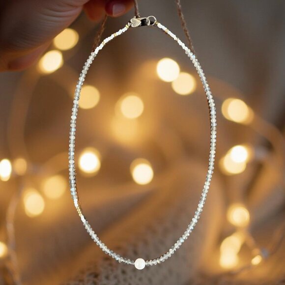 Dainty Labradorite & Pearl Necklace • 18K GF Accents • Sterling Heart Clasp - Picture 4 of 12